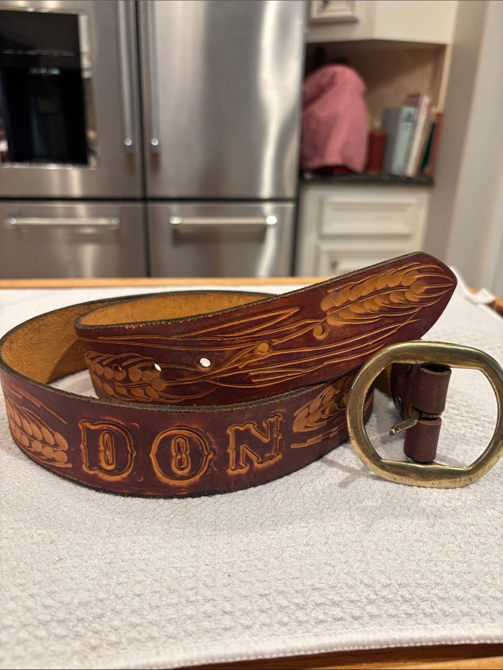 Hand-Tooled Brown Leather Belt with Wheat Motif- Don-w/ Solid Brass Belt Buckle